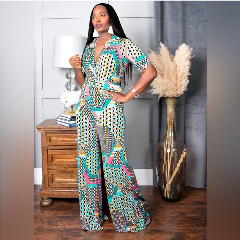 LORAGAL Teal Geometric Wide-Leg Jumpsuit with Pink Accents - Picture 2 of 7